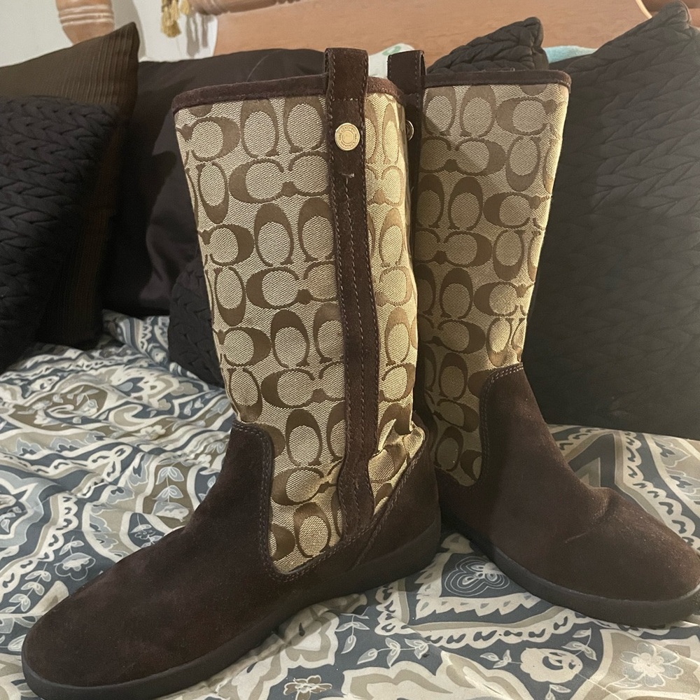 Coach Brown and Tan Monogram Winter Boots